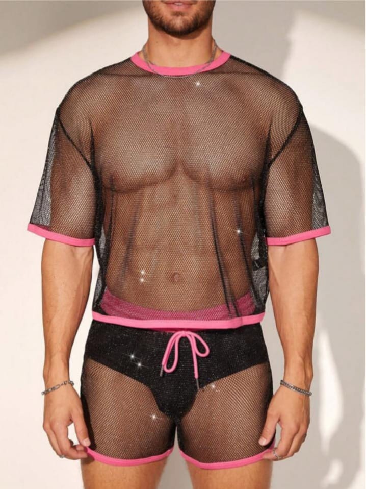 Men's Mesh Loose Fit Sexy Sleepwear T-shirt & Short Set3